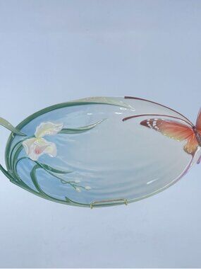 vintage franz porcelain oval tray with butterfly and calla lily design
